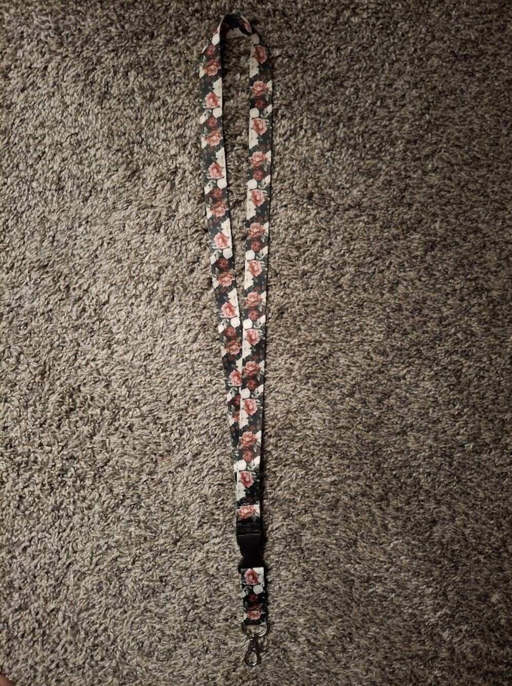Floral Print Lanyard - Black with Pink Rose Pattern